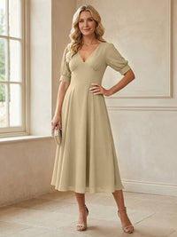 V-Neck A-Line Midi Chiffon Mother of the Bride Dresses with Short Sleeve