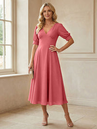 V-Neck A-Line Midi Chiffon Mother of the Bride Dresses with Short Sleeve