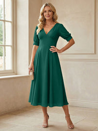 V-Neck A-Line Midi Chiffon Mother of the Bride Dresses with Short Sleeve