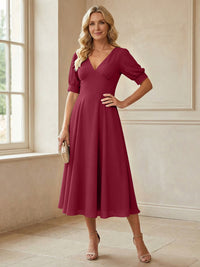 V-Neck A-Line Midi Chiffon Mother of the Bride Dresses with Short Sleeve