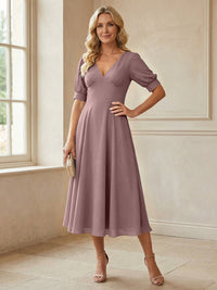 V-Neck A-Line Midi Chiffon Mother of the Bride Dresses with Short Sleeve
