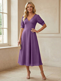 V-Neck A-Line Midi Chiffon Mother of the Bride Dresses with Short Sleeve