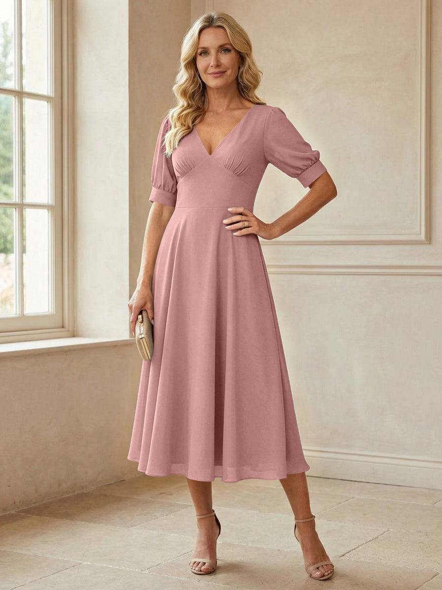 V-Neck A-Line Midi Chiffon Mother of the Bride Dresses with Short Sleeve