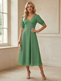 V-Neck A-Line Midi Chiffon Mother of the Bride Dresses with Short Sleeve