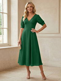 V-Neck A-Line Midi Chiffon Mother of the Bride Dresses with Short Sleeve