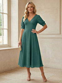 V-Neck A-Line Midi Chiffon Mother of the Bride Dresses with Short Sleeve