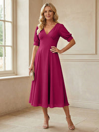 V-Neck A-Line Midi Chiffon Mother of the Bride Dresses with Short Sleeve