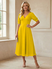V-Neck A-Line Midi Chiffon Mother of the Bride Dresses with Short Sleeve