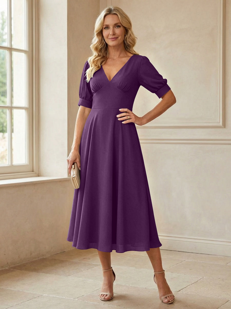 V-Neck A-Line Midi Chiffon Mother of the Bride Dresses with Short Sleeve