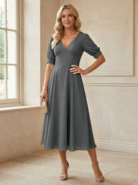 V-Neck A-Line Midi Chiffon Mother of the Bride Dresses with Short Sleeve