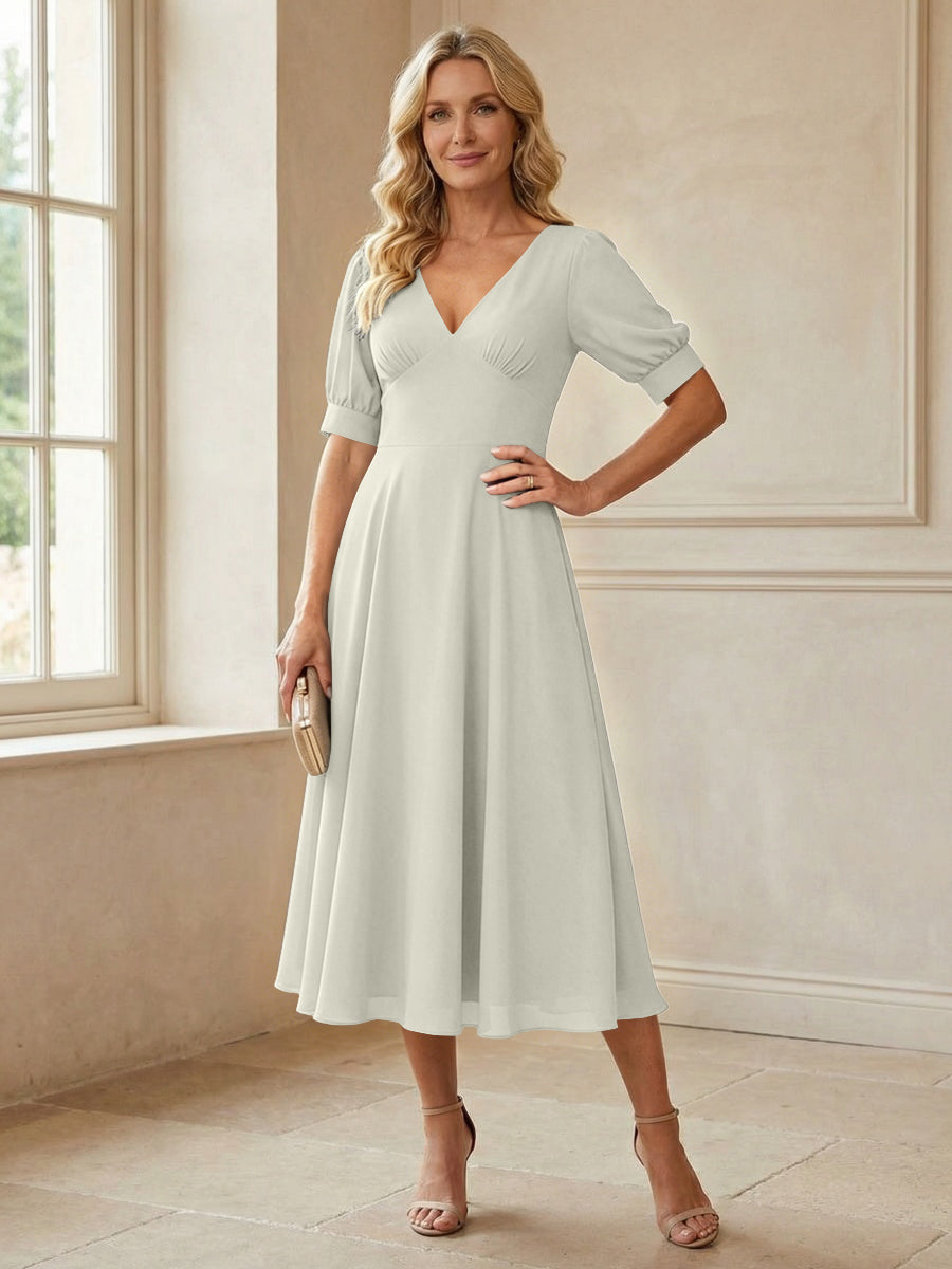 V-Neck A-Line Midi Chiffon Mother of the Bride Dresses with Short Sleeve