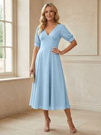 V-Neck A-Line Midi Chiffon Mother of the Bride Dresses with Short Sleeve