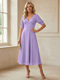 V-Neck A-Line Midi Chiffon Mother of the Bride Dresses with Short Sleeve