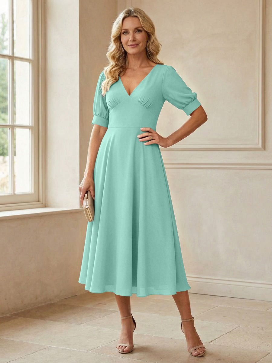 V-Neck A-Line Midi Chiffon Mother of the Bride Dresses with Short Sleeve