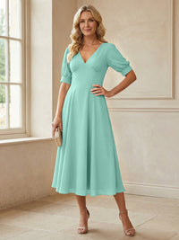 V-Neck A-Line Midi Chiffon Mother of the Bride Dresses with Short Sleeve
