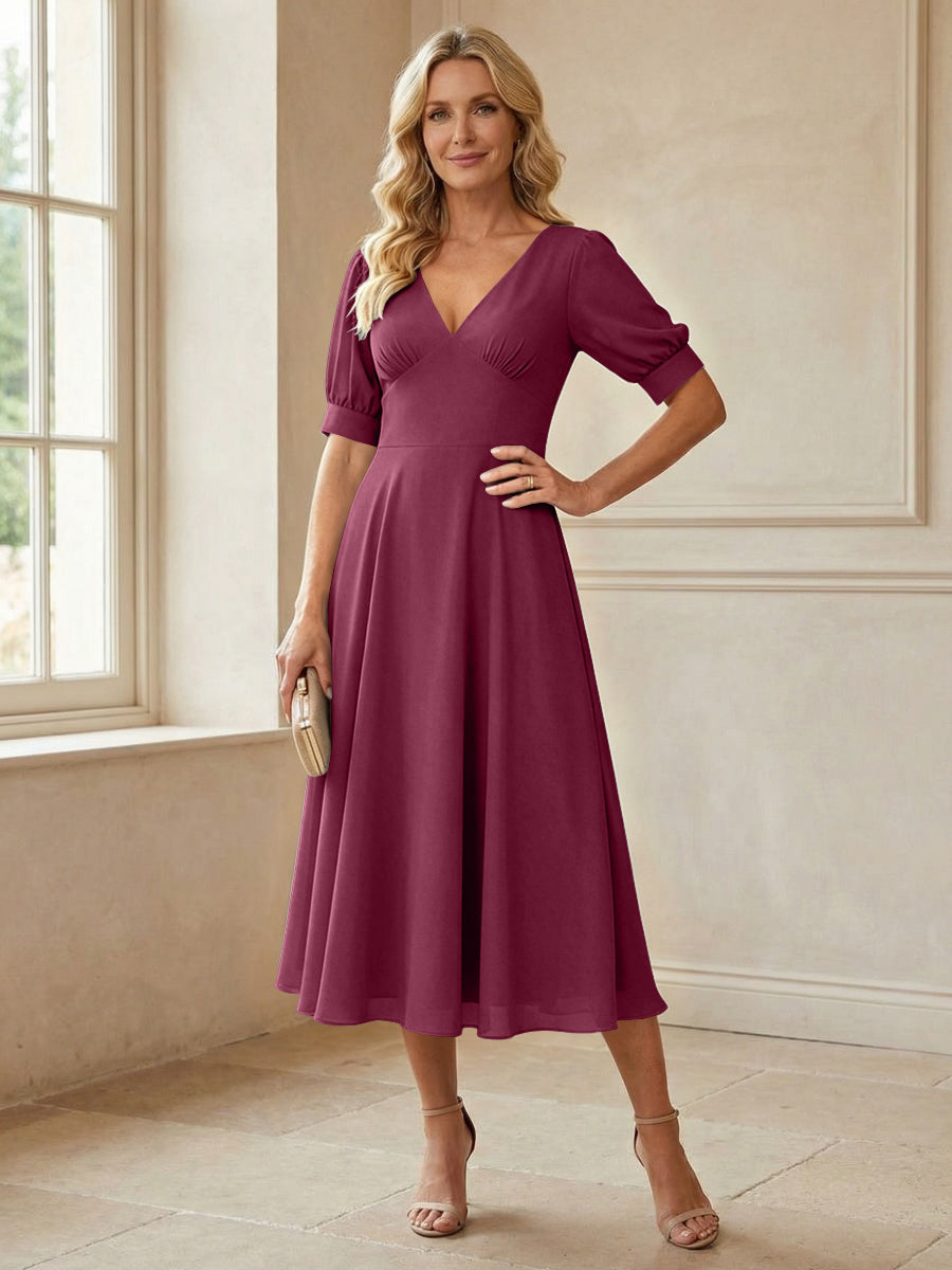 V-Neck A-Line Midi Chiffon Mother of the Bride Dresses with Short Sleeve