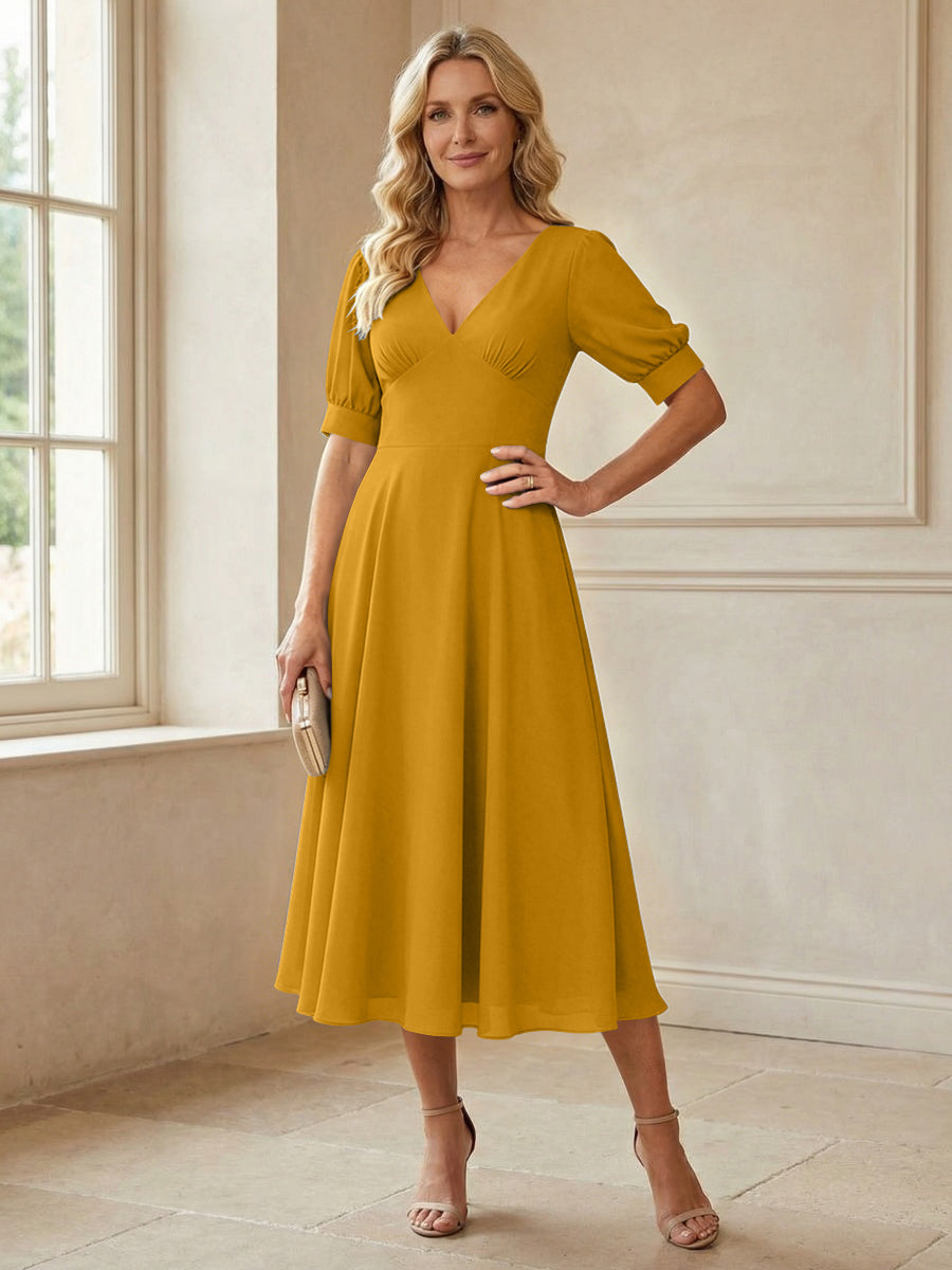 V-Neck A-Line Midi Chiffon Mother of the Bride Dresses with Short Sleeve