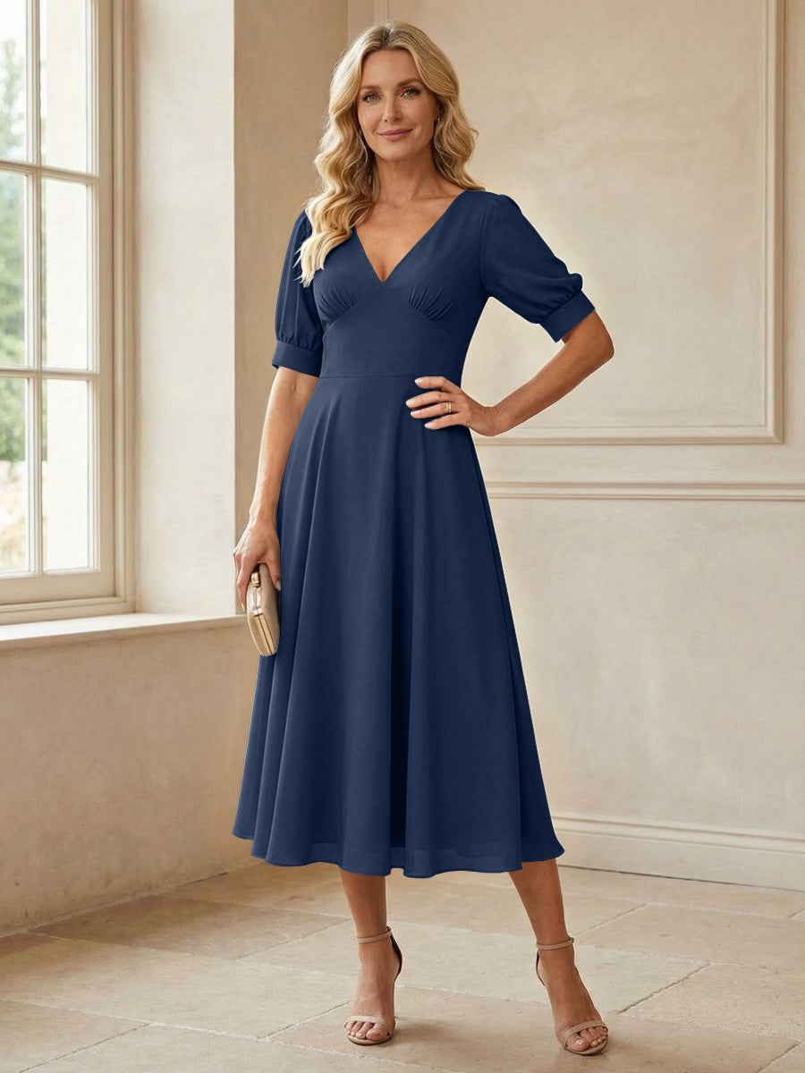 V-Neck A-Line Midi Chiffon Mother of the Bride Dresses with Short Sleeve