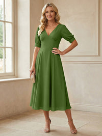 V-Neck A-Line Midi Chiffon Mother of the Bride Dresses with Short Sleeve