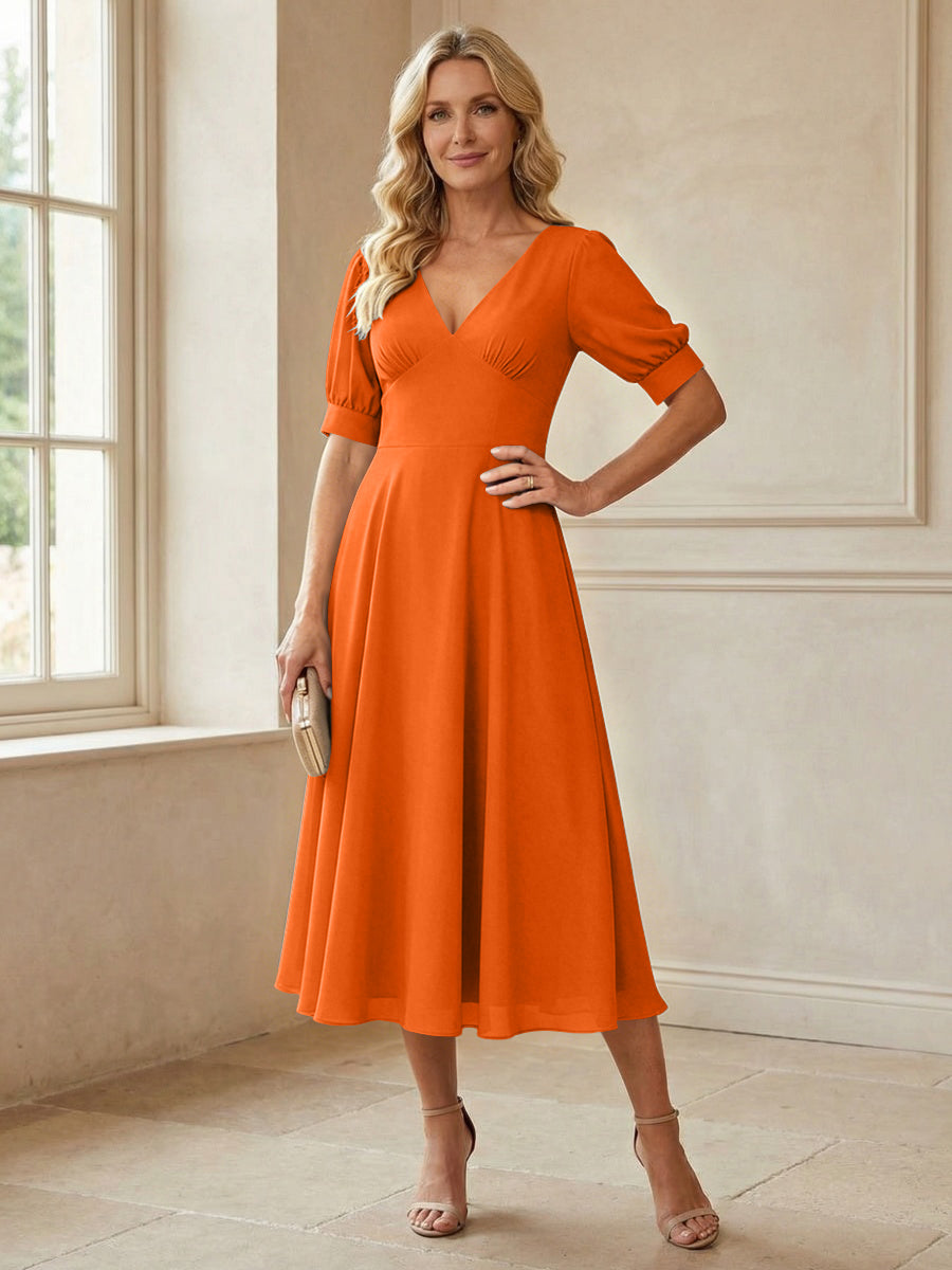 V-Neck A-Line Midi Chiffon Mother of the Bride Dresses with Short Sleeve