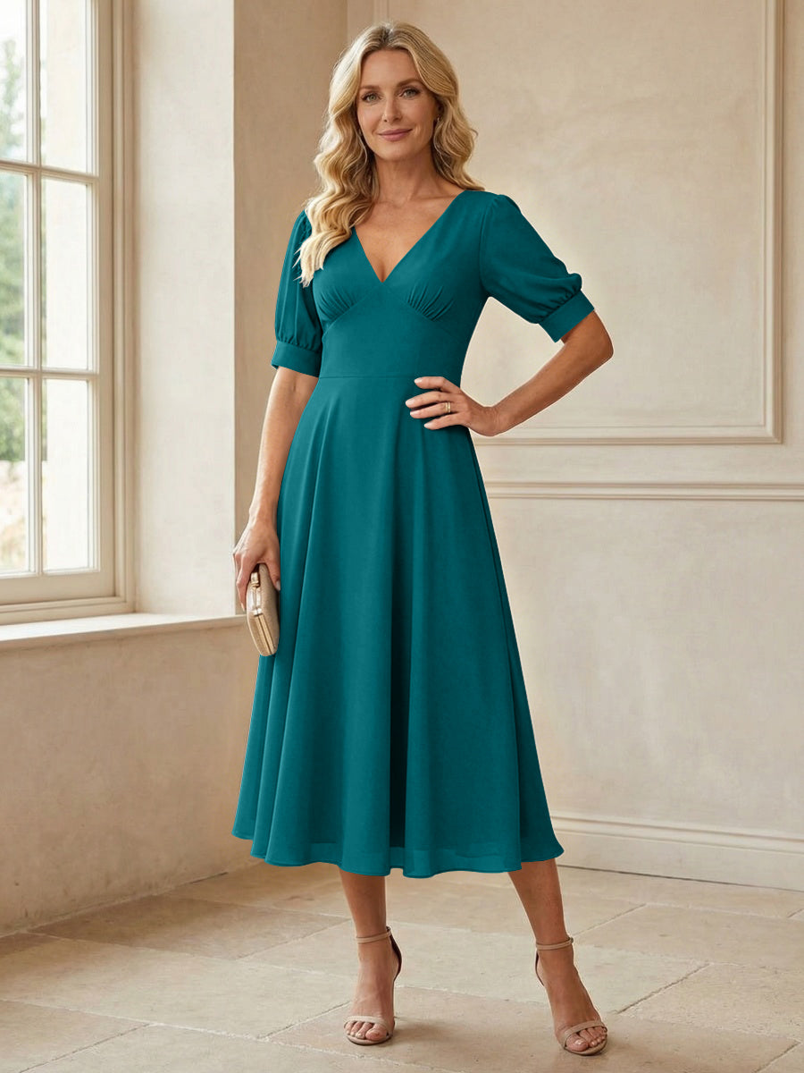 V-Neck A-Line Midi Chiffon Mother of the Bride Dresses with Short Sleeve