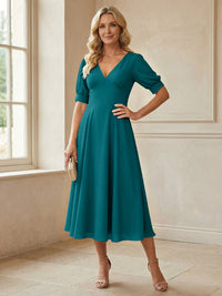 V-Neck A-Line Midi Chiffon Mother of the Bride Dresses with Short Sleeve
