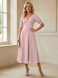 V-Neck A-Line Midi Chiffon Mother of the Bride Dresses with Short Sleeve