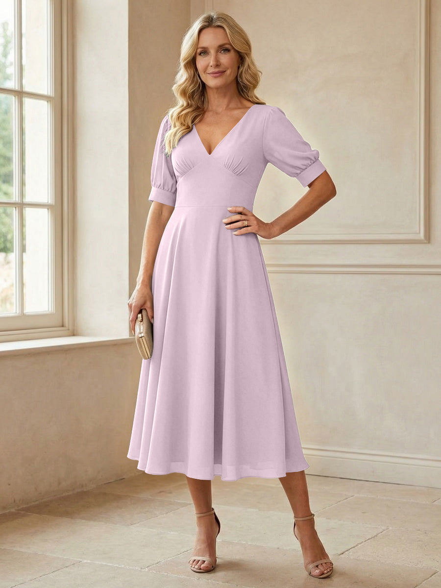 V-Neck A-Line Midi Chiffon Mother of the Bride Dresses with Short Sleeve