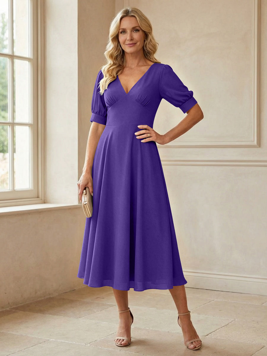 V-Neck A-Line Midi Chiffon Mother of the Bride Dresses with Short Sleeve