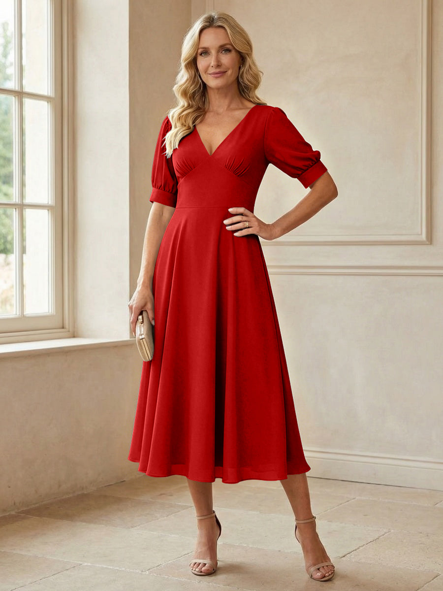 V-Neck A-Line Midi Chiffon Mother of the Bride Dresses with Short Sleeve