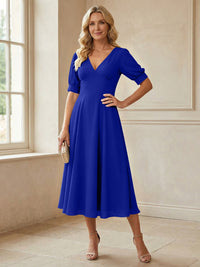 V-Neck A-Line Midi Chiffon Mother of the Bride Dresses with Short Sleeve