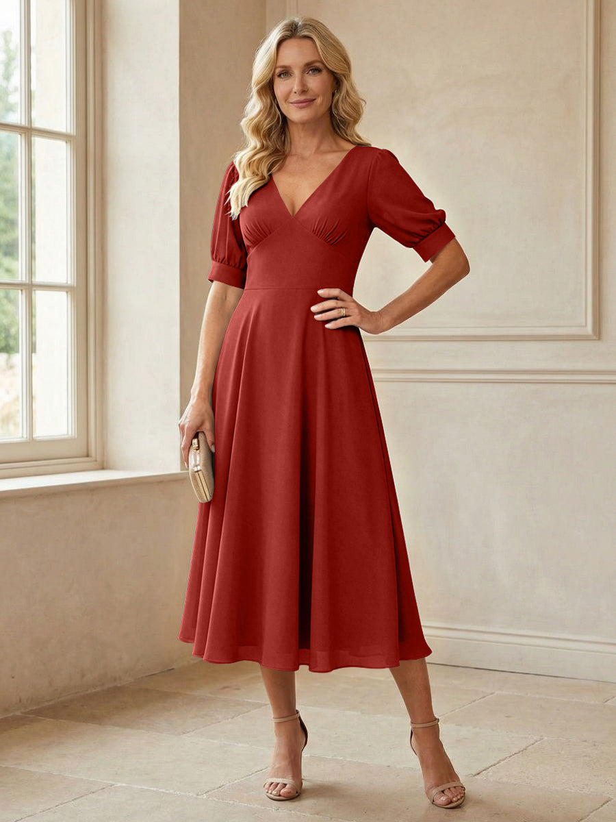 V-Neck A-Line Midi Chiffon Mother of the Bride Dresses with Short Sleeve