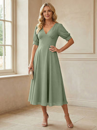 V-Neck A-Line Midi Chiffon Mother of the Bride Dresses with Short Sleeve