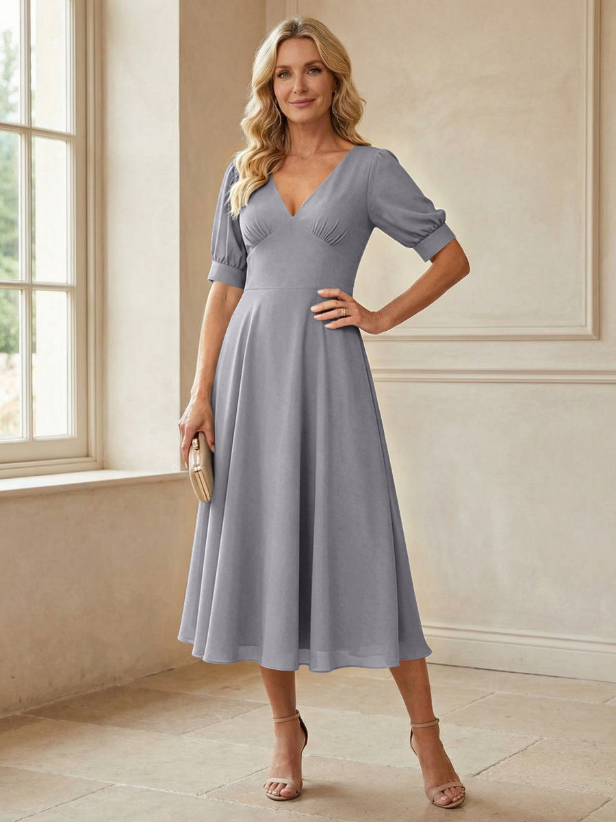 V-Neck A-Line Midi Chiffon Mother of the Bride Dresses with Short Sleeve