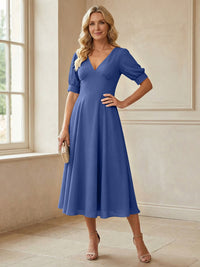 V-Neck A-Line Midi Chiffon Mother of the Bride Dresses with Short Sleeve