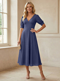 V-Neck A-Line Midi Chiffon Mother of the Bride Dresses with Short Sleeve