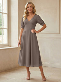 V-Neck A-Line Midi Chiffon Mother of the Bride Dresses with Short Sleeve