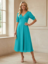 V-Neck A-Line Midi Chiffon Mother of the Bride Dresses with Short Sleeve