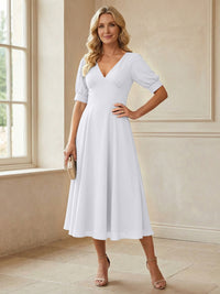 V-Neck A-Line Midi Chiffon Mother of the Bride Dresses with Short Sleeve