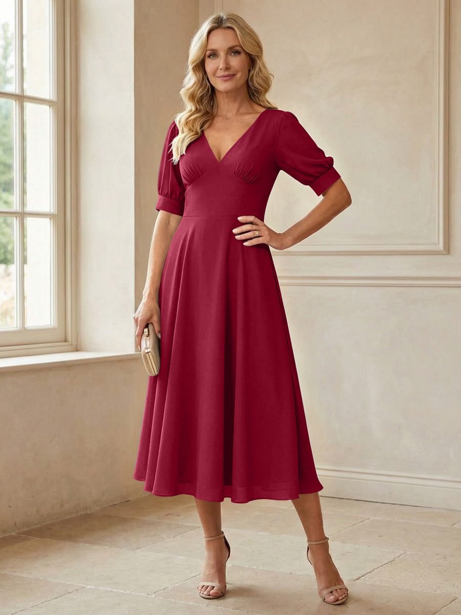 V-Neck A-Line Midi Chiffon Mother of the Bride Dresses with Short Sleeve