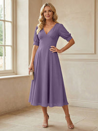 V-Neck A-Line Midi Chiffon Mother of the Bride Dresses with Short Sleeve