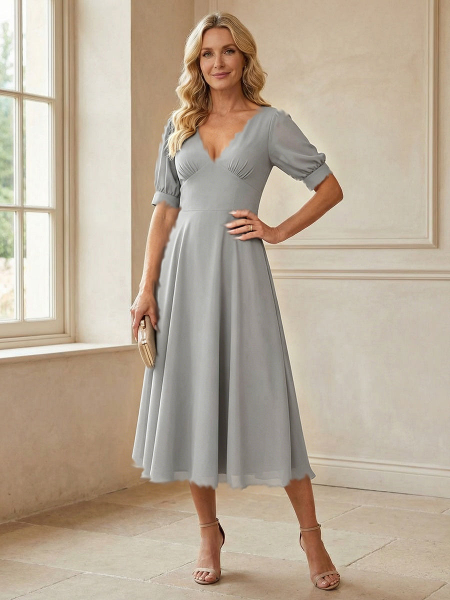 V-Neck A-Line Midi Chiffon Mother of the Bride Dresses with Short Sleeve