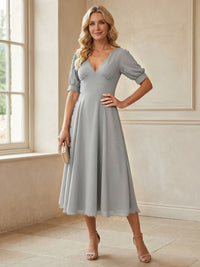 V-Neck A-Line Midi Chiffon Mother of the Bride Dresses with Short Sleeve
