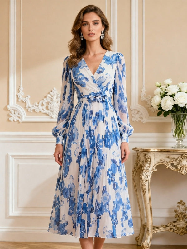 Floral Print V-Neck A-Line Midi Chiffon Mother of the Bride Dresses with Long Sleeve
