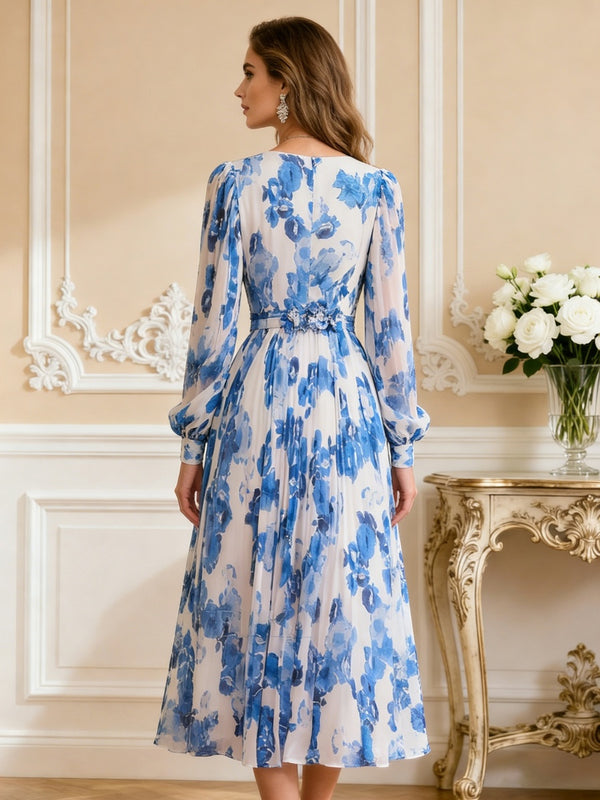 Floral Print V-Neck A-Line Midi Chiffon Mother of the Bride Dresses with Long Sleeve