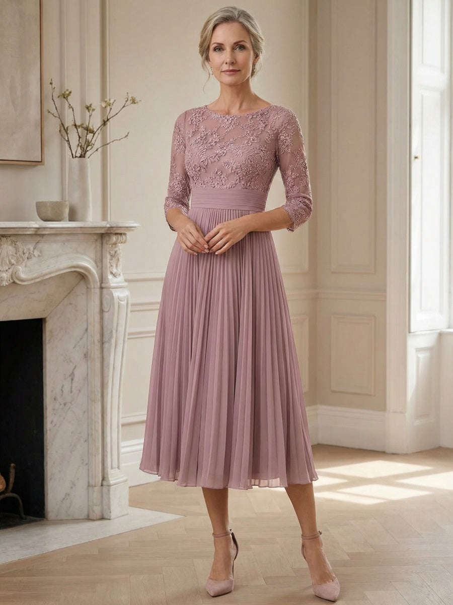 Lace Applique Round Neck A-Line Midi Mother of the Bride Dresses with Pleated Chiffon