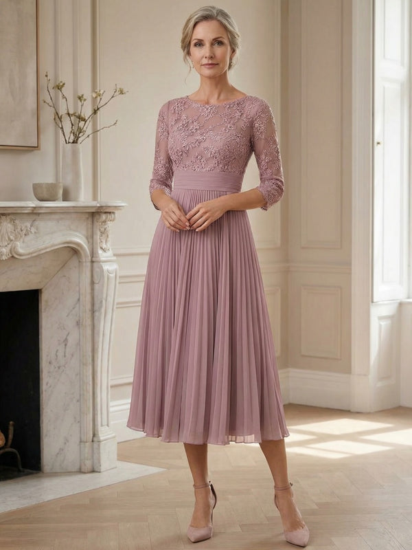 Lace Applique Round Neck A-Line Midi Mother of the Bride Dresses with Pleated Chiffon