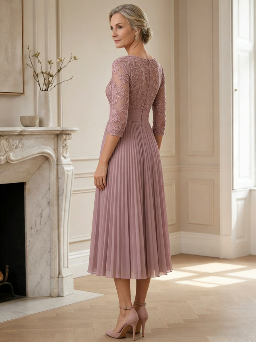 Lace Applique Round Neck A-Line Midi Mother of the Bride Dresses with Pleated Chiffon