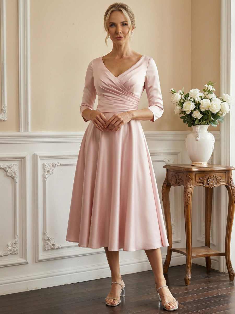 Ruched V-Neck A-Line Midi Mother of the Bride Dresses with Satin Wedding Guest Gown