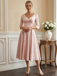 Ruched V-Neck A-Line Midi Mother of the Bride Dresses with Satin Wedding Guest Gown